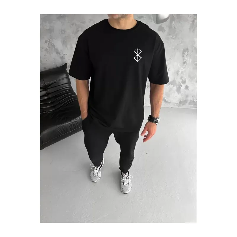 Unisex Bisiklet Yaka Baskılı Oversize T-Shirt - Siyah