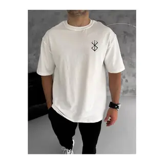 Unisex Bisiklet Yaka Baskılı Oversize T-Shirt - Beyaz