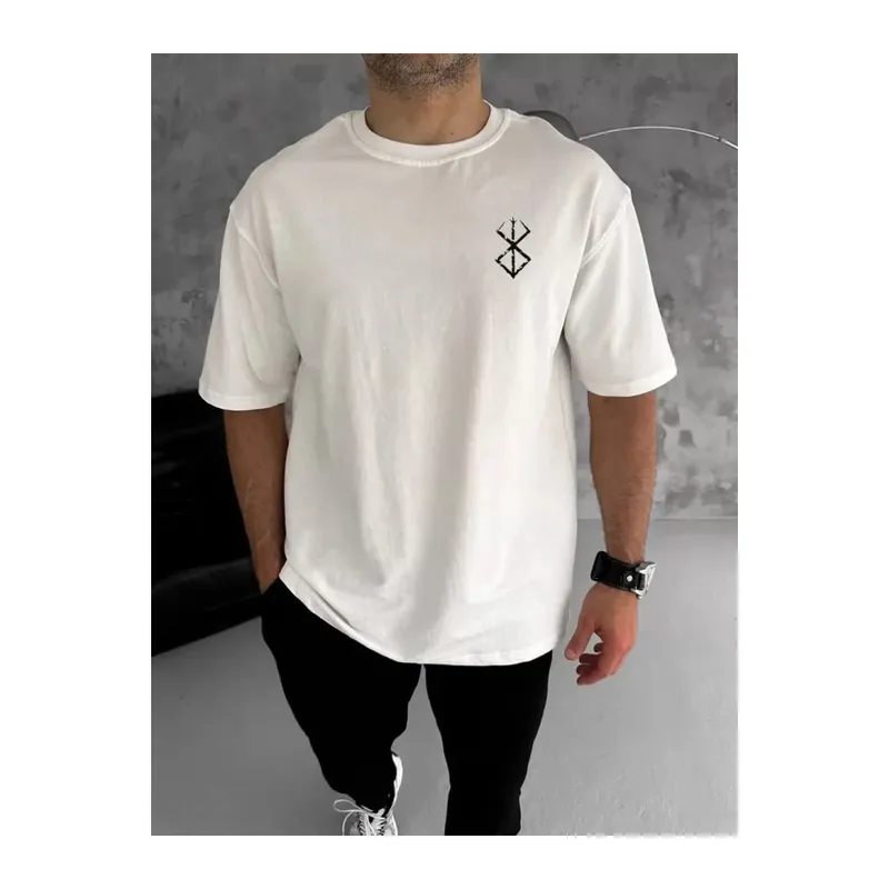 Unisex Bisiklet Yaka Baskılı Oversize T-Shirt - Beyaz