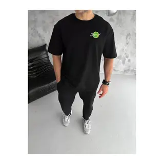 Unisex Bisiklet Yaka Baskılı Oversize T-Shirt - Siyah