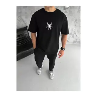 Unisex Bisiklet Yaka Baskılı Oversize T-Shirt - Siyah