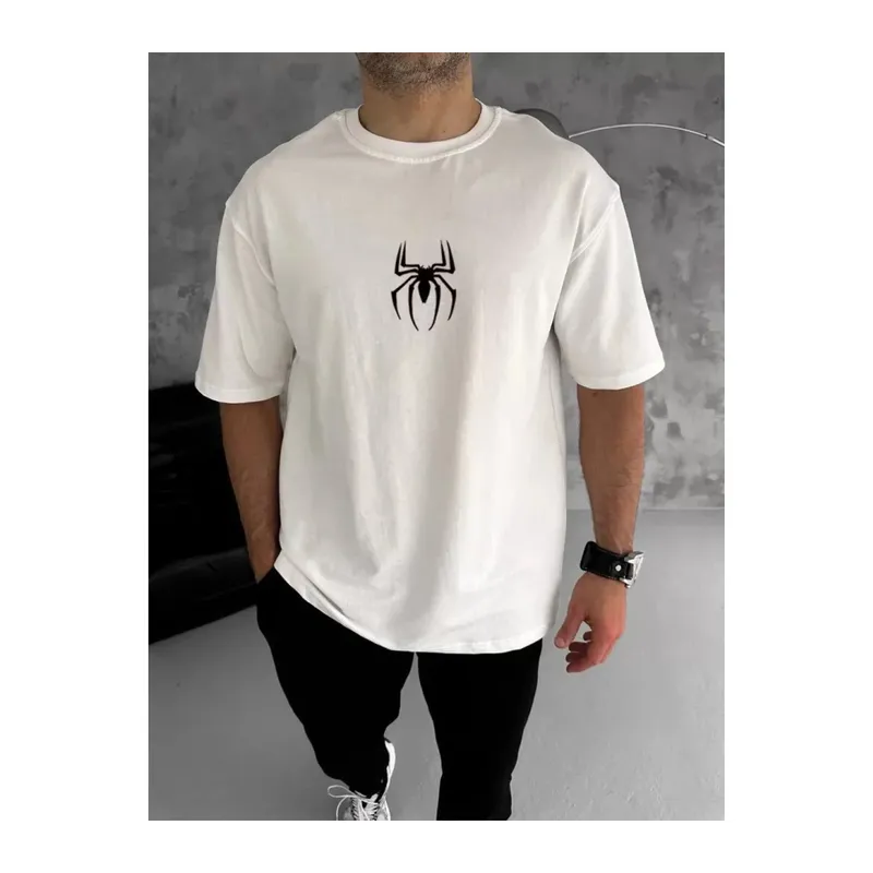 Unisex Bisiklet Yaka Baskılı Oversize T-Shirt - Beyaz