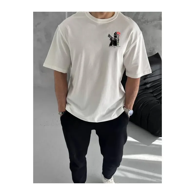 Unisex Bisiklet Yaka Baskılı Oversize T-Shirt - Beyaz