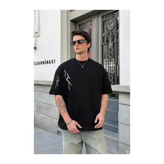Unisex Bisiklet Yaka Baskılı Oversize T-Shirt - Siyah