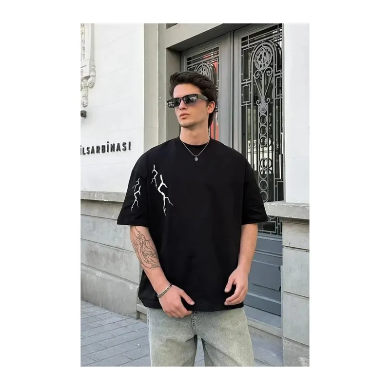 Unisex Bisiklet Yaka Baskılı Oversize T-Shirt - Siyah