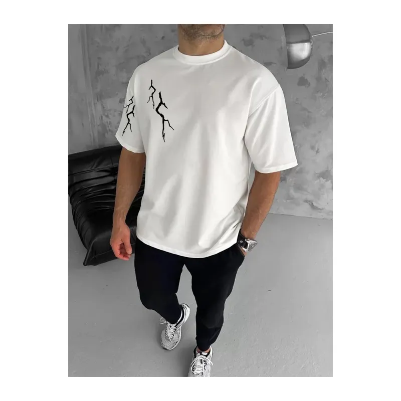 Unisex Bisiklet Yaka Baskılı Oversize T-Shirt - Beyaz