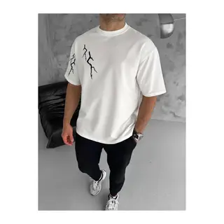 Unisex Bisiklet Yaka Baskılı Oversize T-Shirt - Beyaz