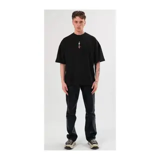 Unisex Bisiklet Yaka Baskılı Oversize T-Shirt - Siyah