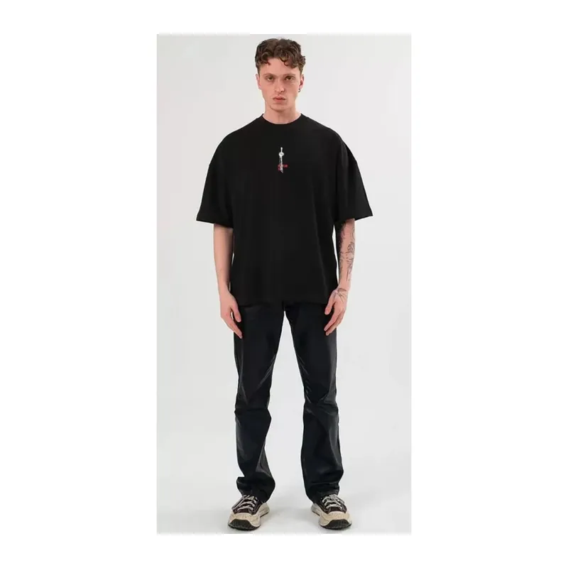 Unisex Bisiklet Yaka Baskılı Oversize T-Shirt - Siyah