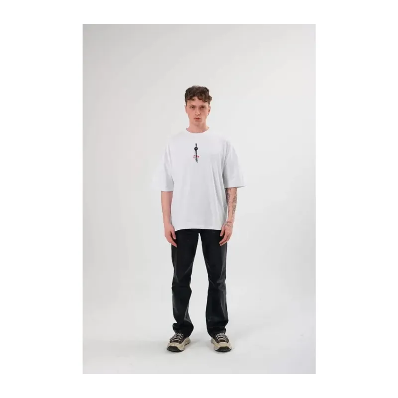 Unisex Bisiklet Yaka Baskılı Oversize T-Shirt - Beyaz
