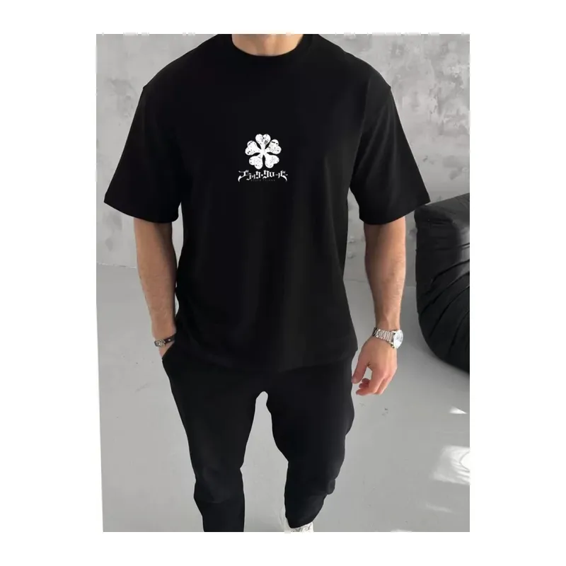 Unisex Bisiklet Yaka Baskılı Oversize T-Shirt - Siyah