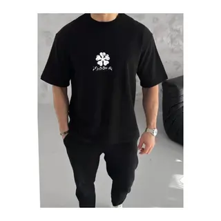Unisex Bisiklet Yaka Baskılı Oversize T-Shirt - Siyah