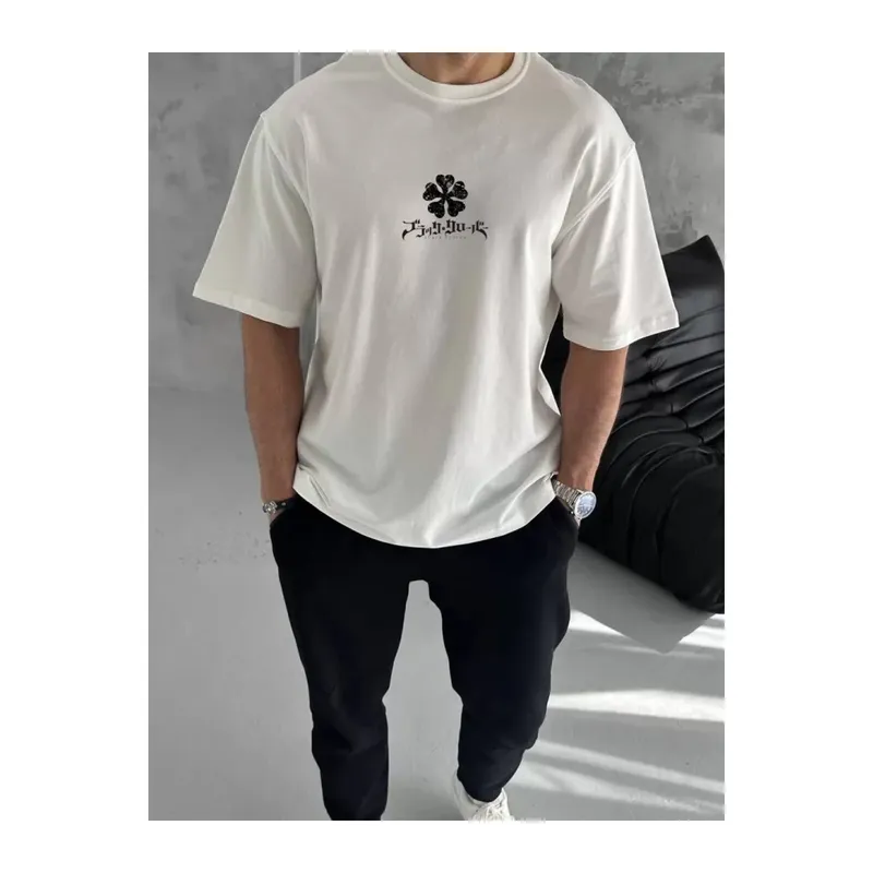 Unisex Bisiklet Yaka Baskılı Oversize T-Shirt - Beyaz