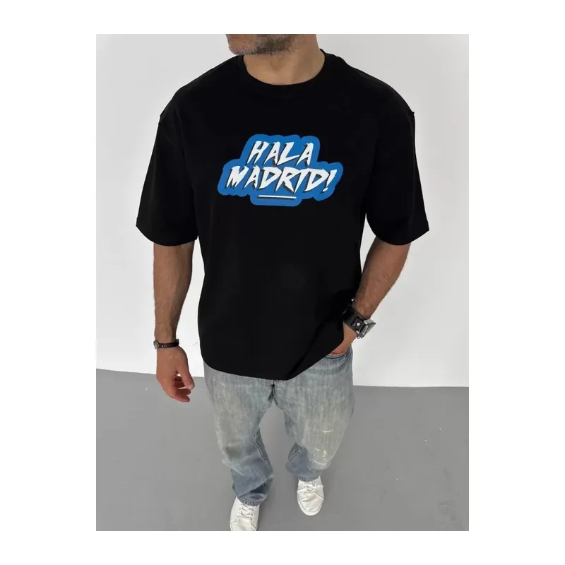 Unisex Bisiklet Yaka Baskılı Oversize T-Shirt - Siyah