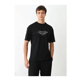 Unisex Bisiklet Yaka Baskılı Oversize T-Shirt - Siyah