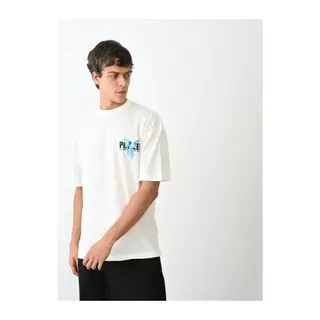 Unisex Bisiklet Yaka Baskılı Oversize T-Shirt - Beyaz