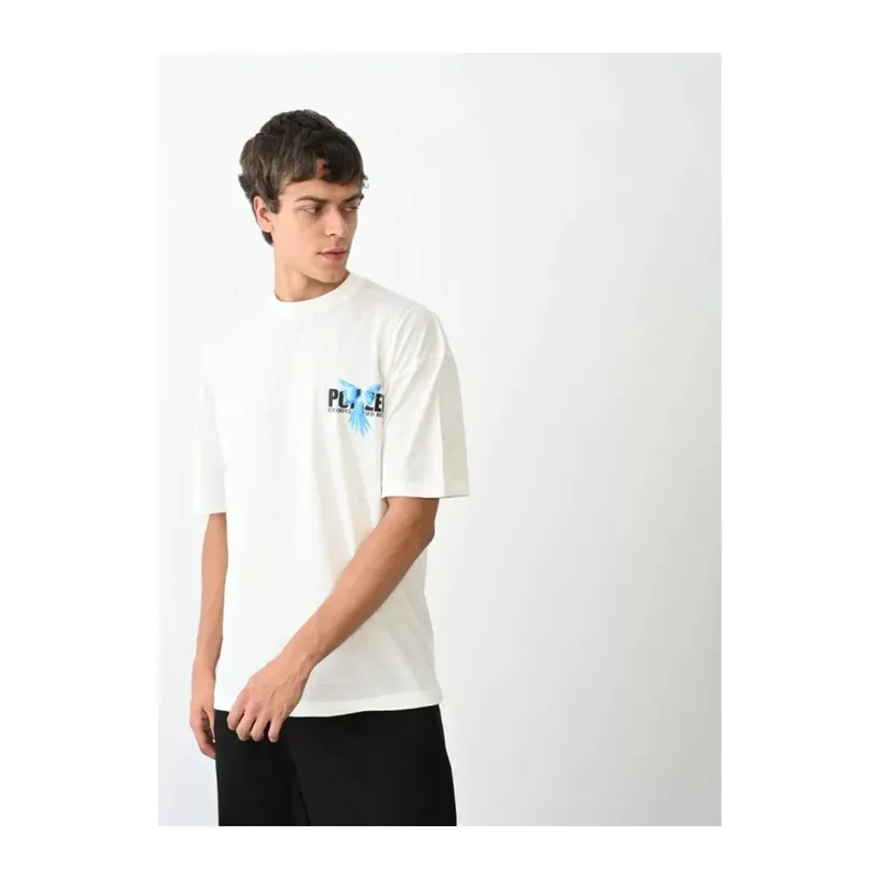 Unisex Bisiklet Yaka Baskılı Oversize T-Shirt - Beyaz