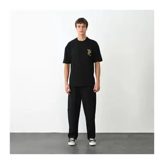 Unisex Bisiklet Yaka Baskılı Oversize T-Shirt - Siyah