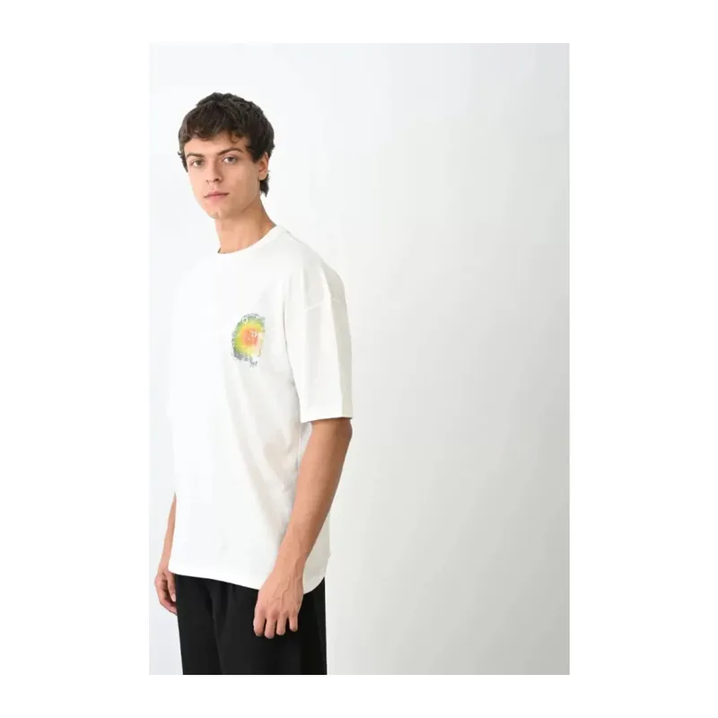 Unisex Bisiklet Yaka Baskılı Oversize T-Shirt - Beyaz