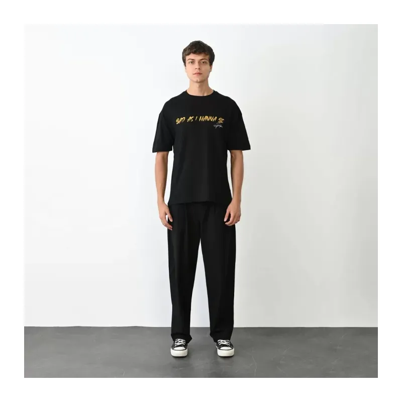 Unisex Bisiklet Yaka Baskılı Oversize T-Shirt - Siyah
