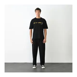 Unisex Bisiklet Yaka Baskılı Oversize T-Shirt - Siyah