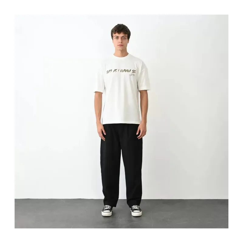 Unisex Bisiklet Yaka Baskılı Oversize T-Shirt - Beyaz