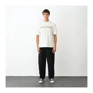 Unisex Bisiklet Yaka Baskılı Oversize T-Shirt - Beyaz