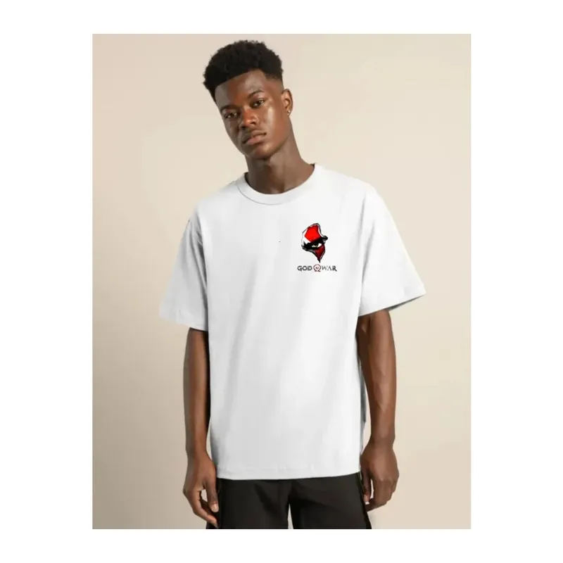 Unisex Bisiklet Yaka Baskılı Oversize T-Shirt - Beyaz