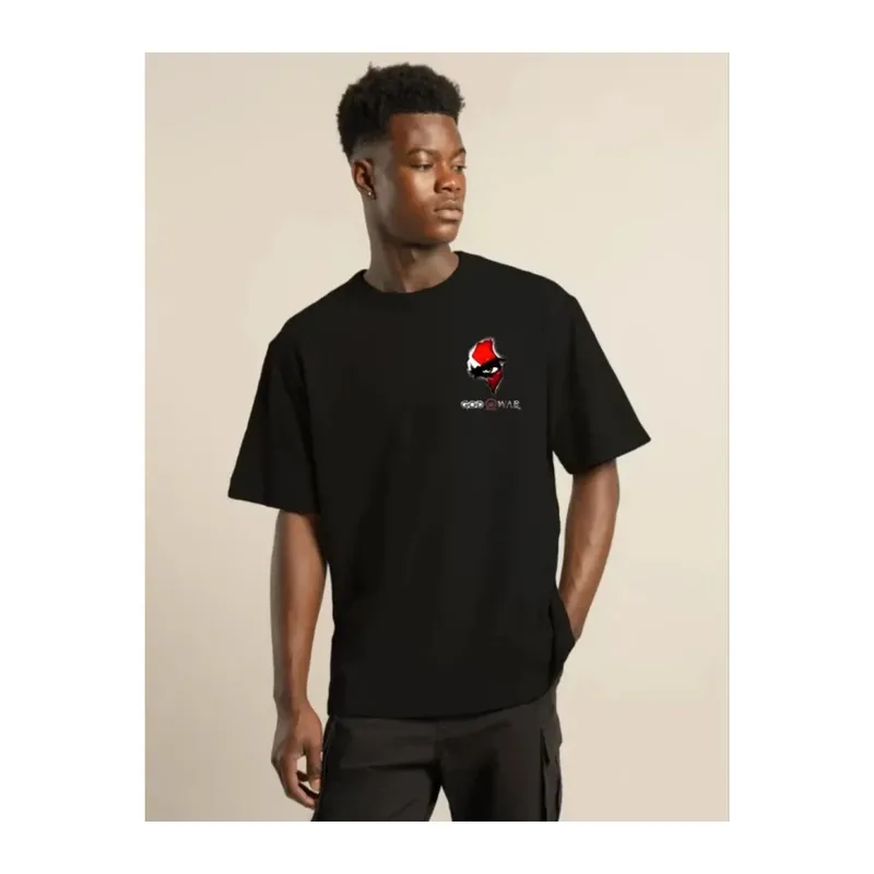 Unisex Bisiklet Yaka Baskılı Oversize T-Shirt - Siyah