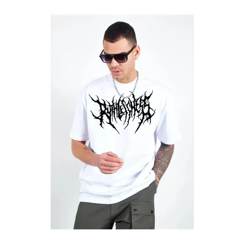 Unisex Bisiklet Yaka Baskılı Oversize T-Shirt - Beyaz