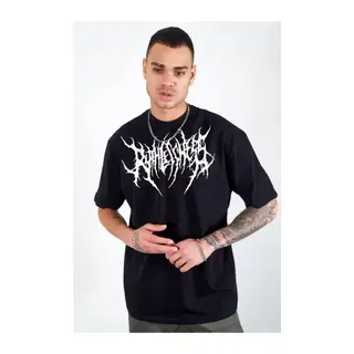 Unisex Bisiklet Yaka Baskılı Oversize T-Shirt - Siyah