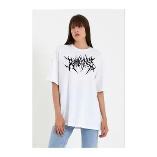 Unisex Bisiklet Yaka Baskılı Oversize T-Shirt - Beyaz