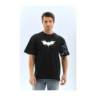 Unisex Ön Ve Kol Baskılı Oversize T-shirt - Siyah