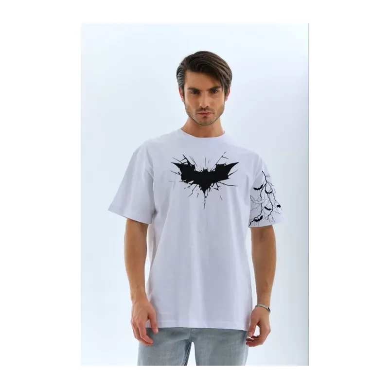 Unisex Ön Ve Kol Baskılı Oversize T-shirt - Beyaz