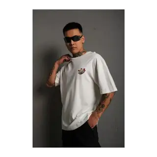 Unisex Bisiklet Yaka Baskılı Oversize T-Shirt - Beyaz