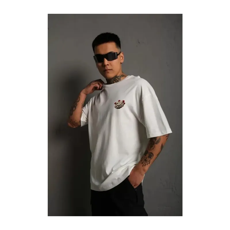 Unisex Bisiklet Yaka Baskılı Oversize T-Shirt - Beyaz