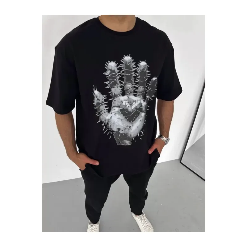Unisex Bisiklet Yaka Baskılı Oversize T-Shirt - Siyah