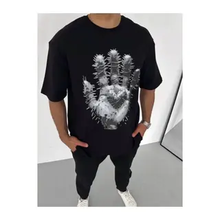 Unisex Bisiklet Yaka Baskılı Oversize T-Shirt - Siyah