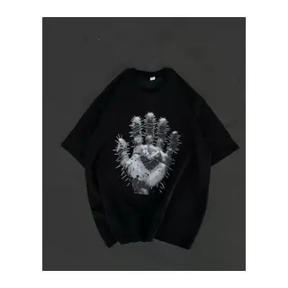 Unisex Bisiklet Yaka Baskılı Oversize T-Shirt - Siyah