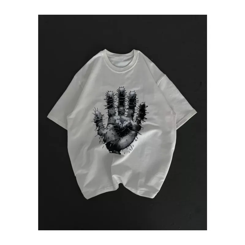 Unisex Bisiklet Yaka Baskılı Oversize T-Shirt - Beyaz
