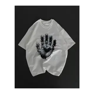 Unisex Bisiklet Yaka Baskılı Oversize T-Shirt - Beyaz