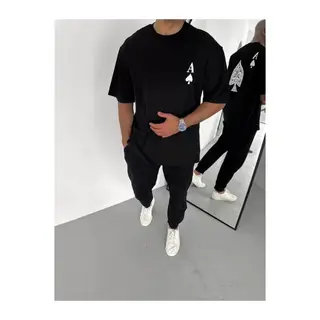 Unisex Bisiklet Yaka Baskılı Oversize T-Shirt - Siyah