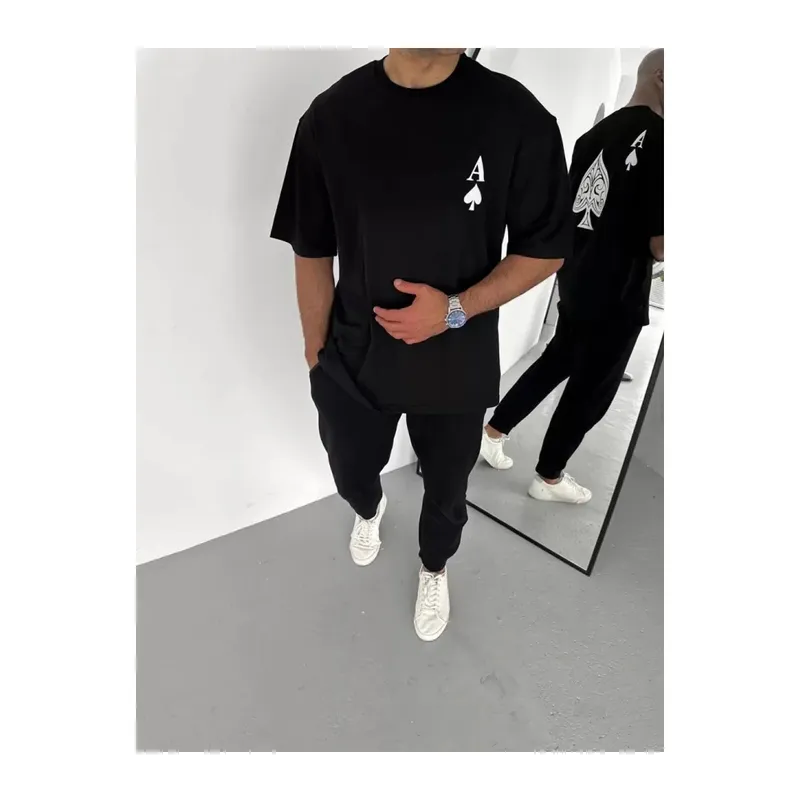 Unisex Bisiklet Yaka Baskılı Oversize T-Shirt - Siyah