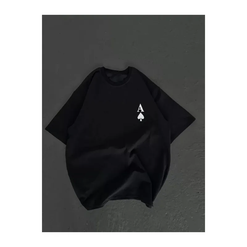 Unisex Bisiklet Yaka Baskılı Oversize T-Shirt - Siyah