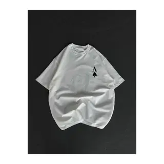 Unisex Bisiklet Yaka Baskılı Oversize T-Shirt - Beyaz