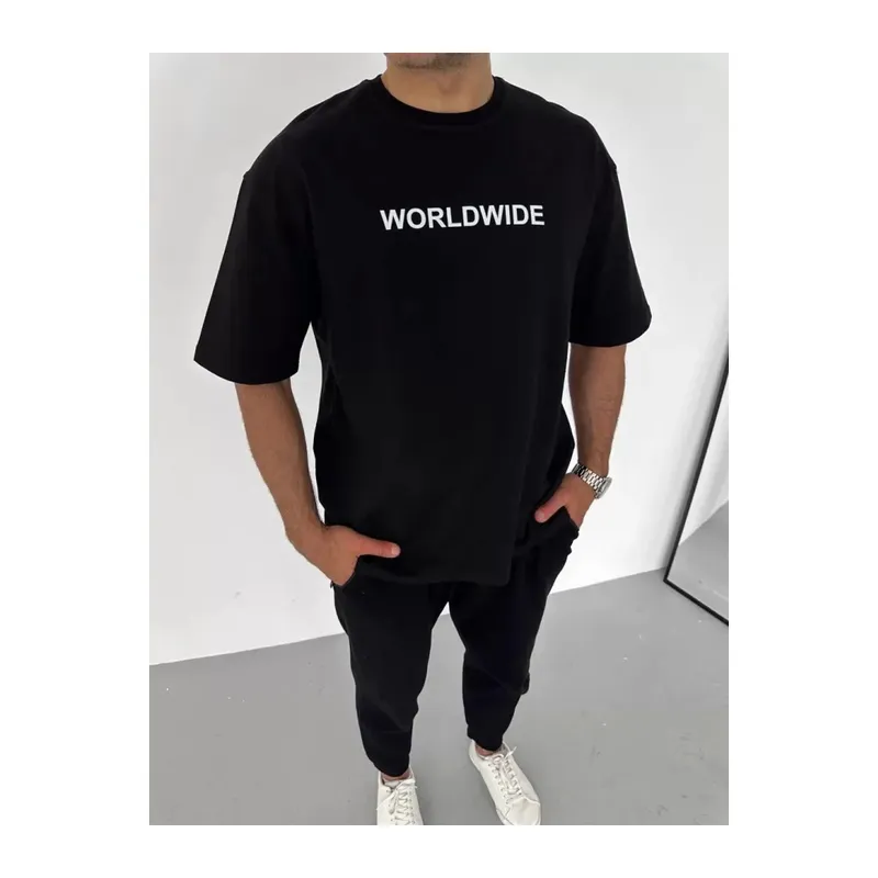 Unisex Bisiklet Yaka Baskılı Oversize T-Shirt - Siyah