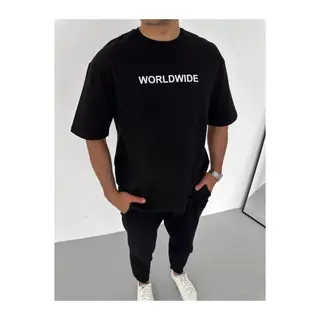 Unisex Bisiklet Yaka Baskılı Oversize T-Shirt - Siyah
