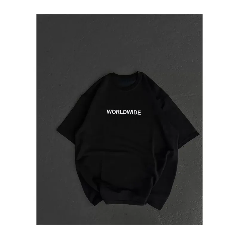 Unisex Bisiklet Yaka Baskılı Oversize T-Shirt - Siyah
