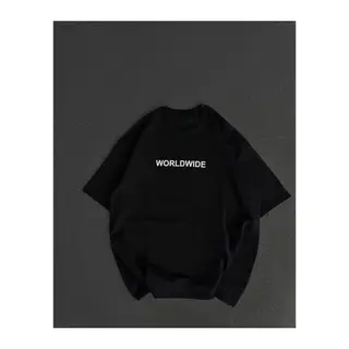 Unisex Bisiklet Yaka Baskılı Oversize T-Shirt - Siyah