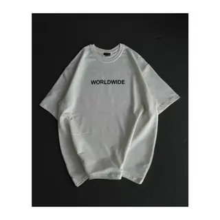 Unisex Bisiklet Yaka Baskılı Oversize T-Shirt - Beyaz